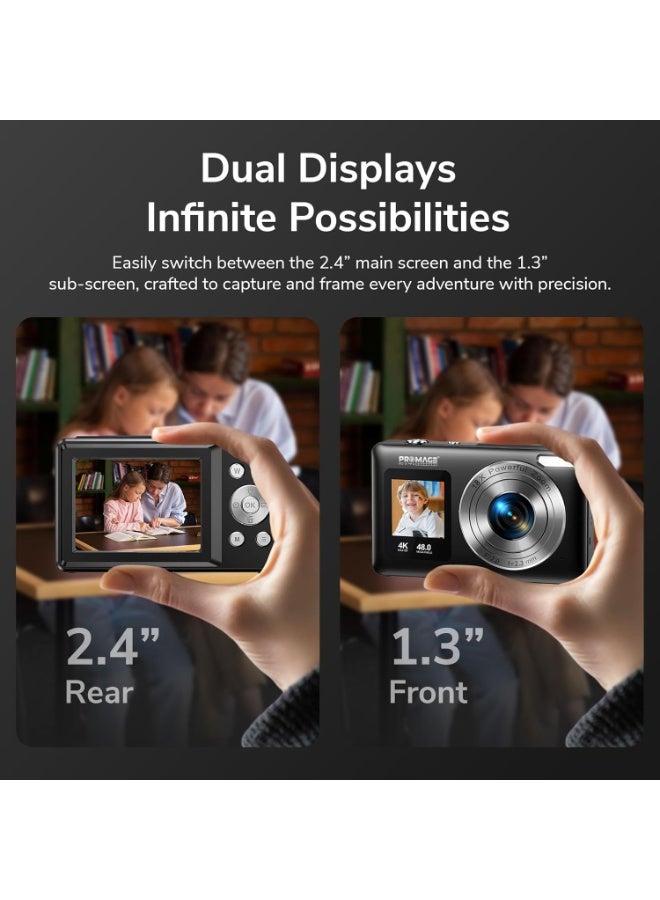 برو ميج كاميرا رقمية PROMAGE PC110 بشاشة مزدوجة – باللون الأسود، فيديو 4K، شاشة خلفية 2.4 بوصة وشاشة أمامية 1.3 بوصة، دقة 48 ميجابكسل (مضخّمة)، تقريب رقمي 18X، بطارية 800 مللي أمبير، وضع السيلفي، كابل USB، حقيبة، وكتاب تعليمات - Image 3