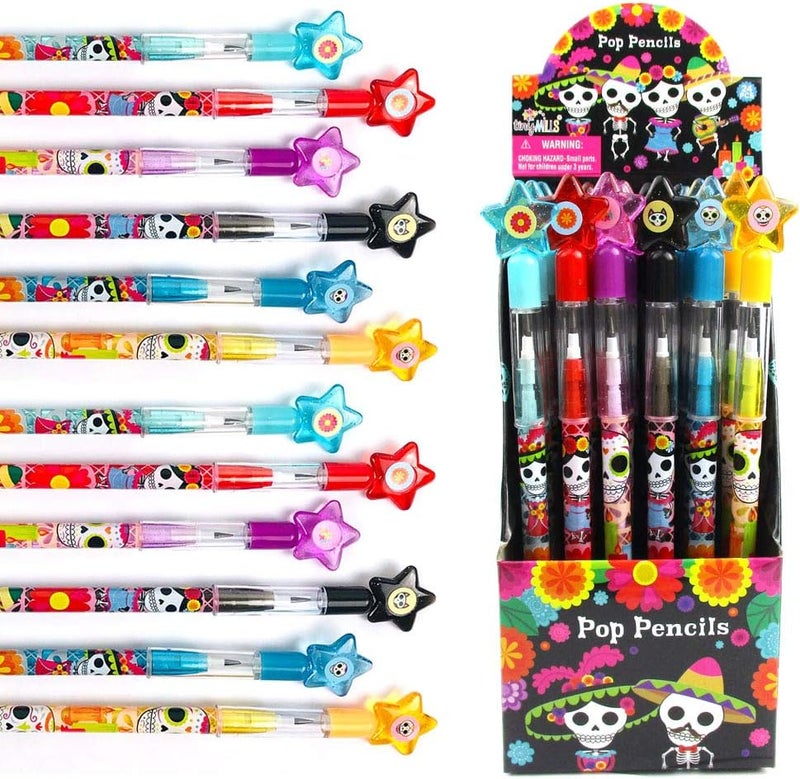 TINYMILLS 24 Pcs Day of the Dead Halloween Multi Point Stackable Pencil with Eraser for Halloween Party Favor Prize Carnival Goodie Bag Stuffers Pinata Fillers - Image 1