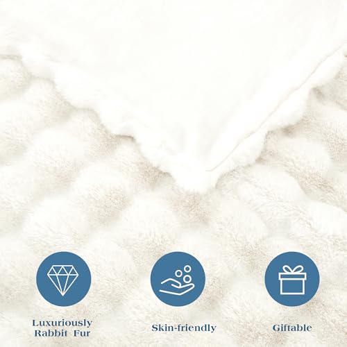 JONIYEAR Soft Fuzzy Bubble Faux Rabbit Fur Throw Blanket for Couch 50" x 60", Double Sided Textured Warm Fluffy Blanket for Winter, Luxury Cozy Puffy Shaggy Comfy Furry Blankets for Chair, Cream White - Image 4