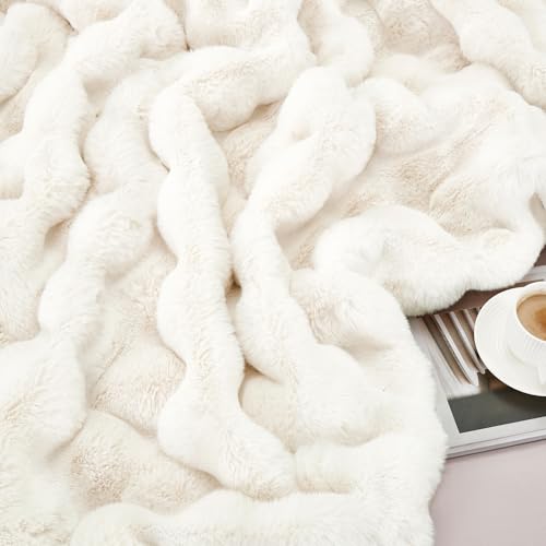 JONIYEAR Soft Fuzzy Bubble Faux Rabbit Fur Throw Blanket for Couch 50" x 60", Double Sided Textured Warm Fluffy Blanket for Winter, Luxury Cozy Puffy Shaggy Comfy Furry Blankets for Chair, Cream White - Image 5