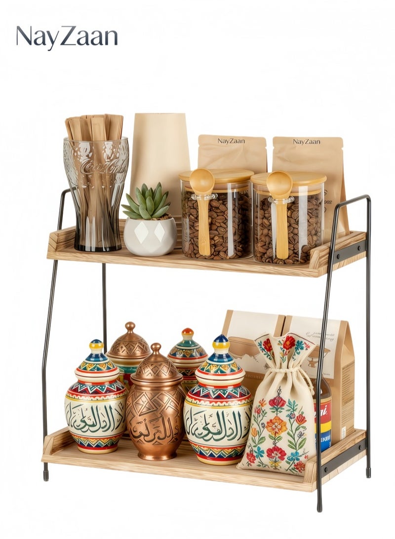 NayZaan Countertop Coffee Station Organiser, 2-Tier Wooden Shelf For Coffee Bar Accessories, Condiment Storage Caddy For Kitchen, Home, Office - Brown - Image 1