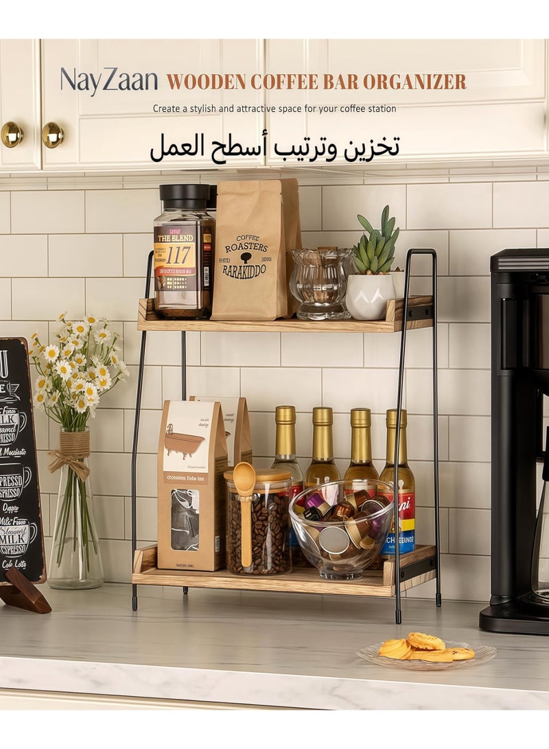 NayZaan Countertop Coffee Station Organiser, 2-Tier Wooden Shelf For Coffee Bar Accessories, Condiment Storage Caddy For Kitchen, Home, Office - Brown - Image 2