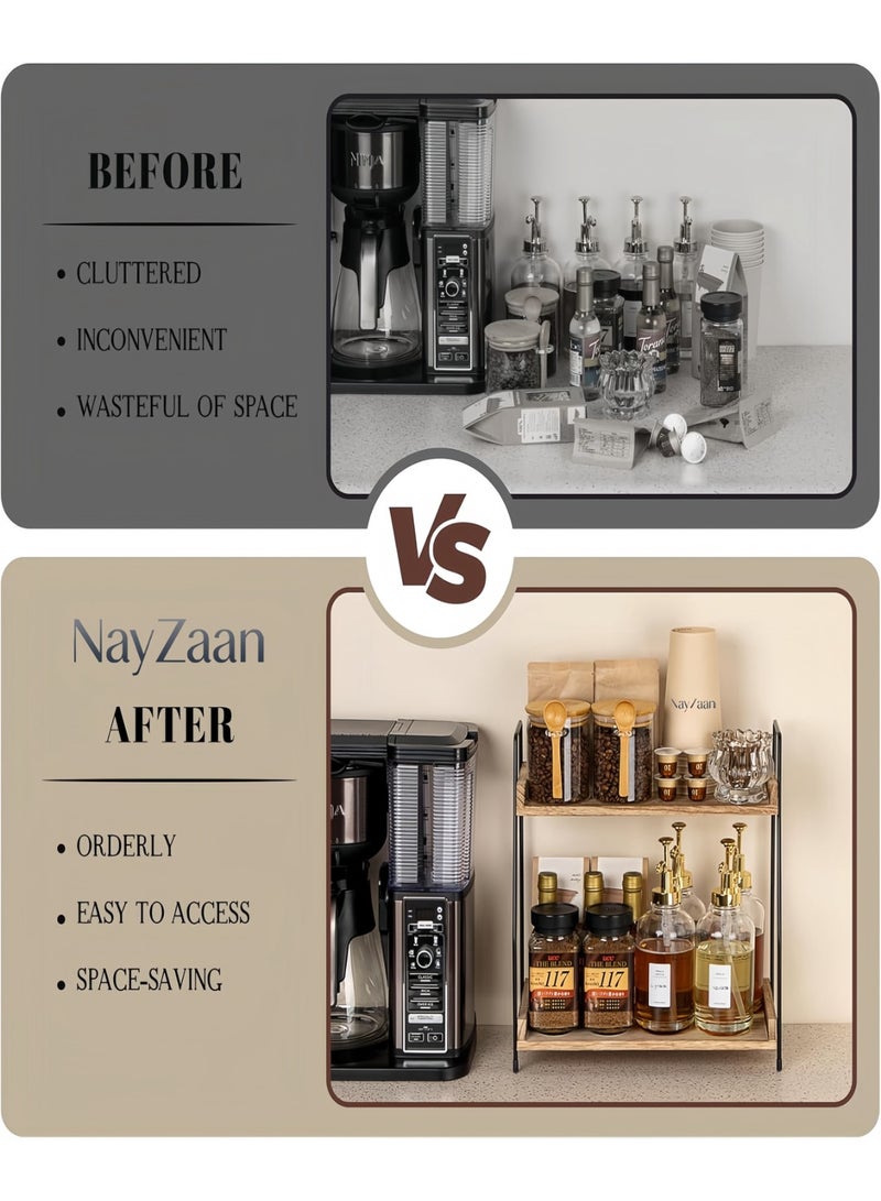 NayZaan Countertop Coffee Station Organiser, 2-Tier Wooden Shelf For Coffee Bar Accessories, Condiment Storage Caddy For Kitchen, Home, Office - Brown - Image 3