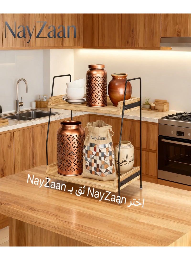 NayZaan Countertop Coffee Station Organiser, 2-Tier Wooden Shelf For Coffee Bar Accessories, Condiment Storage Caddy For Kitchen, Home, Office - Brown - Image 4