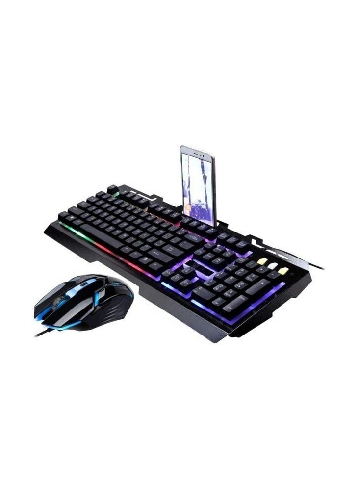 Gaming Keyboard and Mouse Combo with Rainbow Breathing LED Backlight – Mechanical Feel 104-Key Set with Mobile Phone Holder for PC & Mac