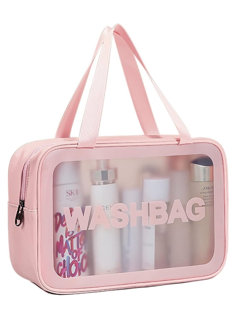 SYOSI Travel Toiletry Bag for Women Matte Translucent Toiletry Bag with Handy Handle Makeup Cosmetic Organizer Bag for Travel Toiletries Accessories Pink - Image 1