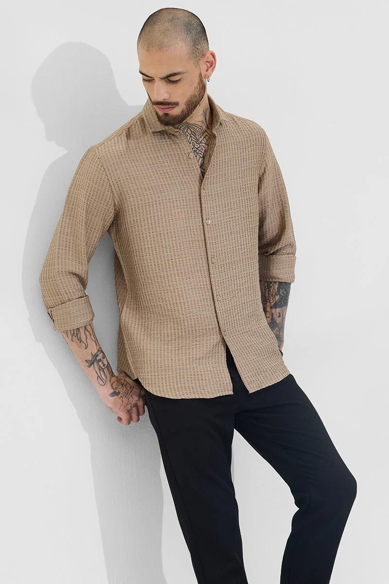 SNITCH Light Brown Textured Long Sleeve Slim Fit Casual Shirt