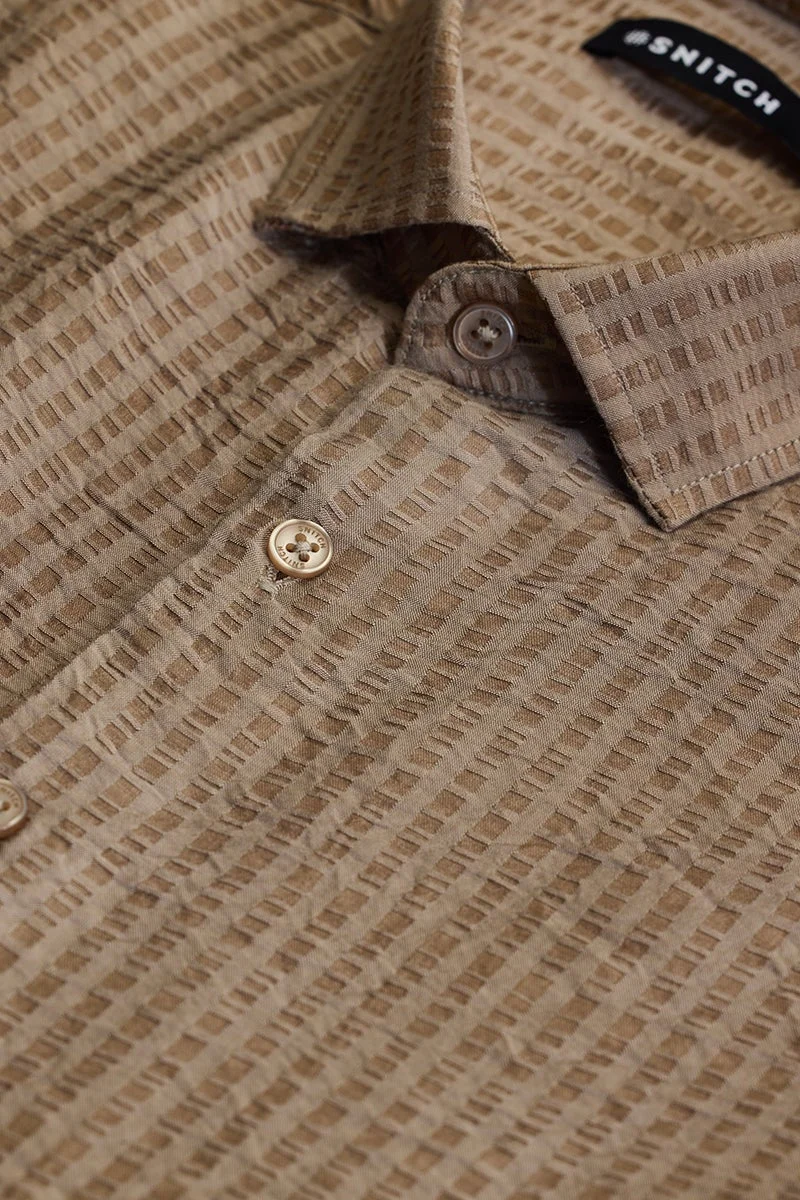 SNITCH Light Brown Textured Long Sleeve Slim Fit Casual Shirt