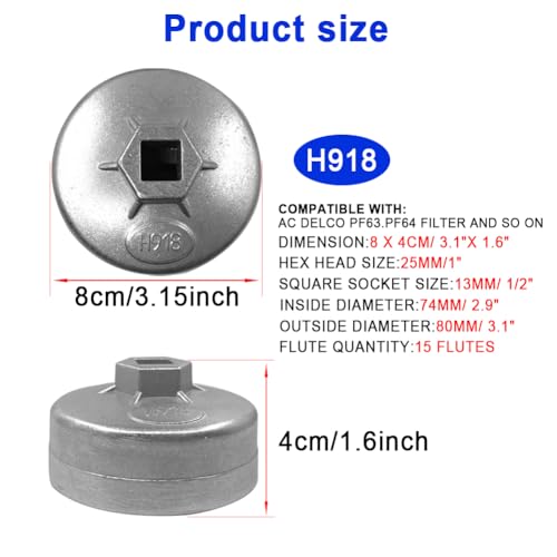Cotonlake 74mm Oil Filter Wrench,15 Flutes Oil Filter Removal Tool Compatible with AC Delco PF63/PF64 Oil Filter, for Chrysler, GM, for Chevy Silverado 4.3L Equinox 1.5L Engine,918 Aluminum Alloy(1PC) - Image 5