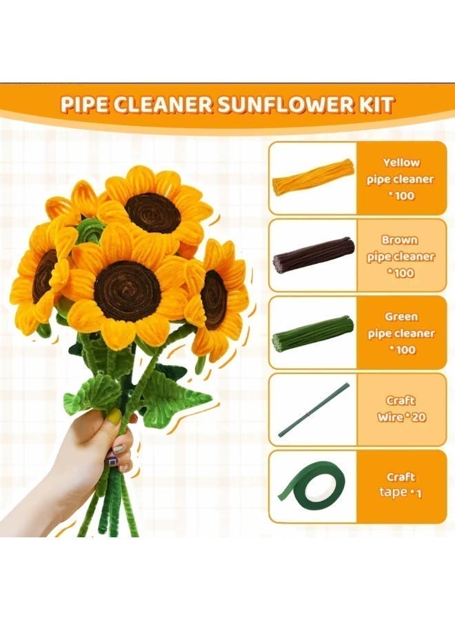 323pcs Sunflower Pipe Cleaners Kit, Chenille Stem Craft Set with Floral Wires, Glue Sticks, Stamens, Ribbon & Floral Tape - Image 3