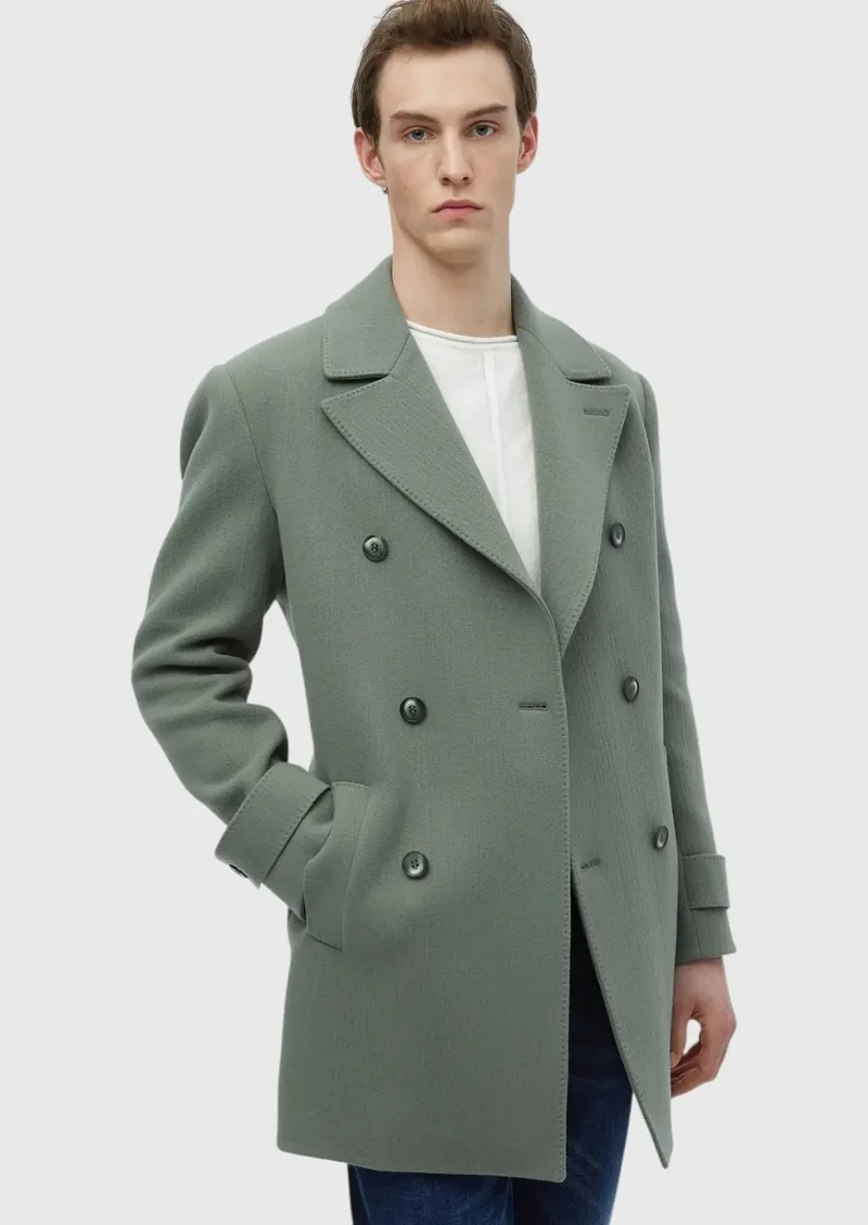 RAMSEY Light Green Regular Fit Double Breasted Collar Casual Weaving Overcoat