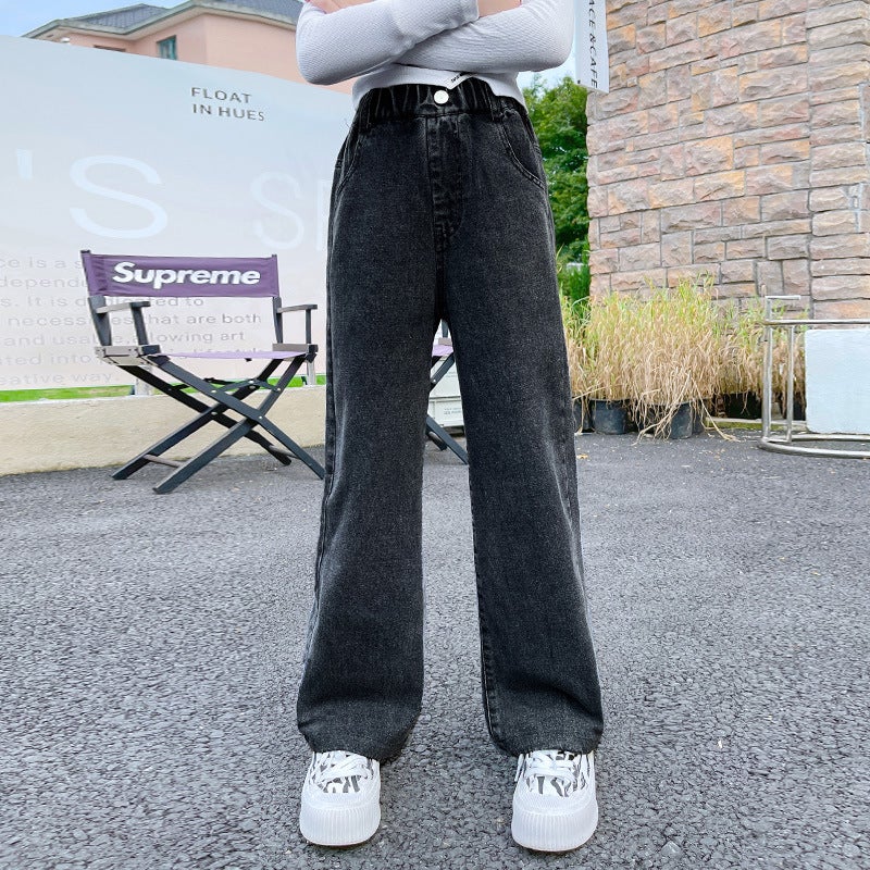 Girls' Jeans 2023 New Children'S Autumn Clothing Big Children'S Pants Girls' Big Children'S Autumn Straight Wide-Leg Pants - Image 3