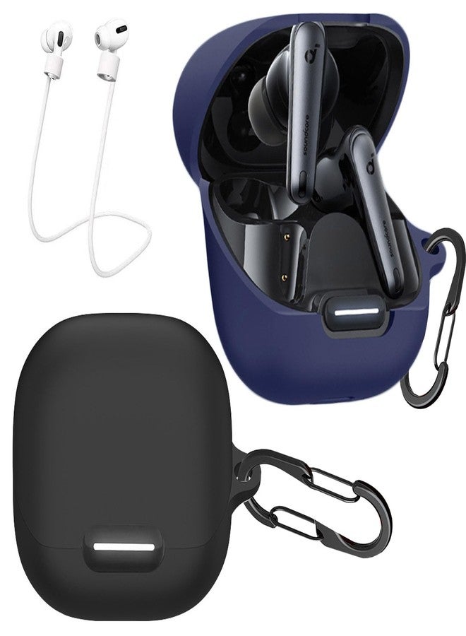 EasyBee [عبوة 2] غلاف easyBee متوافق مع غطاء شحن Soundcore Liberty 4 NC، مع 2 سلسلة مفاتيح و 2 حزام مضاد للفقد، مجموعة واقية رقيقة للغاية من السيليكون السائل الناعم - أسود أزرق - Image 1