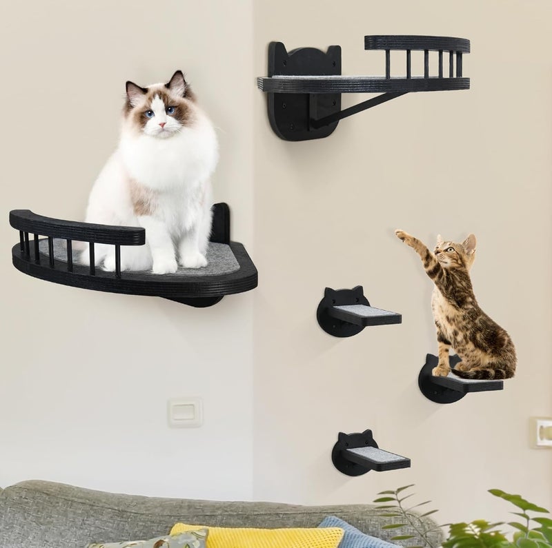 GADKE Cat Wall Shelves Furniture Set with Scratching Padï¼ŒWooden Cat Climbing Wall Systems with 2 Perches and 3 Steps, Floating Shelves Bed Wall Mounted for Indoor Fit Up to 15Lbs (Black) - Image 3
