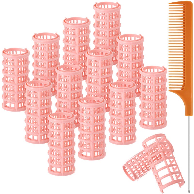 Syhood 12 Pcs Plastic Hair Rollers for Women Large Size Curlers Set Snap Roller Clips with Rat Tail Comb for Long Medium Short Hair Bangs Salon Hairdressing Styling Tool26 x 11 InchPeach Color - Image 3
