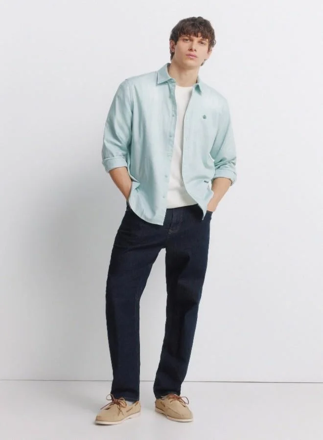 سبرينجفيلد ياقة قميص بأزرار ذات لونين بأكمام طويلة 100٪ قطن، مع شعار سبرينغفيلد مطرز وقميص أزرار مطابق