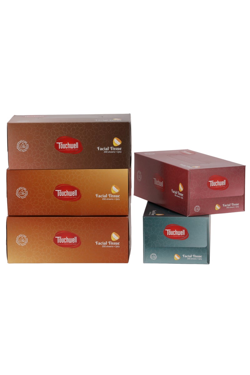 Touchwell مجموعة علب مناديل توتشويل 2 طبقة 5 قطع 200 ورقة 2 طبقة - Image 1