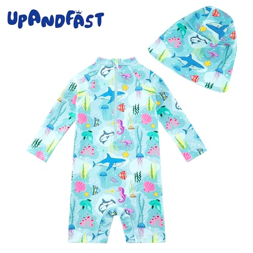 upandfast Baby/Toddler Swimsuit UPF 50+ Sun Protection One Piece Zipper Bathing Suit with Sun Hat Infant Beach Swimwear (Marine World,3-6 Months) - Image 3