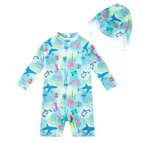 upandfast Baby/Toddler Swimsuit UPF 50+ Sun Protection One Piece Zipper Bathing Suit with Sun Hat Infant Beach Swimwear (Marine World,3-6 Months) - Image 1