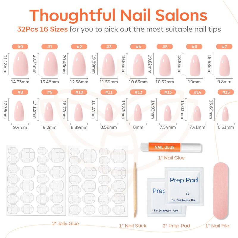 Modelones Pink Press on Nails Almond, Spring Short Fake Nails, Reusable Nail Kit with Nail Glue Adhesive Tabs Mini Nail File, Nails Press Ons 32Pcs 16 Sizes, Women Girl Gift - Image 4