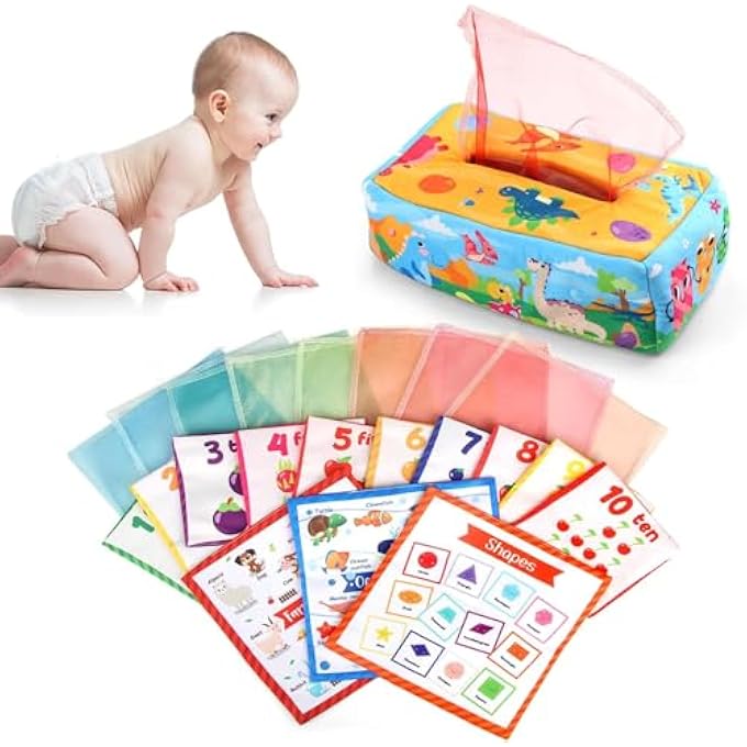 BABY TISSUE BOX TOY FOR 0-12 MONTHS, MONTESSORI SENSORY CRINKLE TOY WITH SOFT STUFFED TISSUES, LEARNING ACTIVITY BOX FOR BABIES AND TODDLERS, DEVELOPMENTAL GIFT FOR BOYS AND GIRL