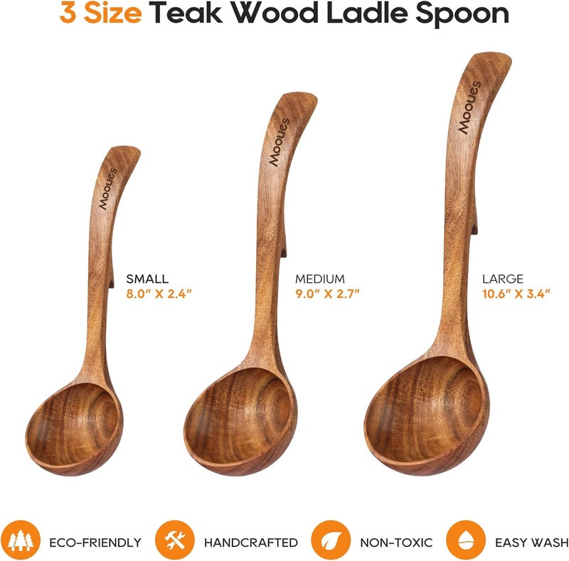 Mooues Wooden Ladle for Soup, 3 Size Teak Wood Ladle Spoon with Back Hooks, Heat Resistant Wooden Spoons for Cooking, Non-Stick, Comfortable Grip, Wood Kitchen Utensils Set for Serving, Stirring - Image 5