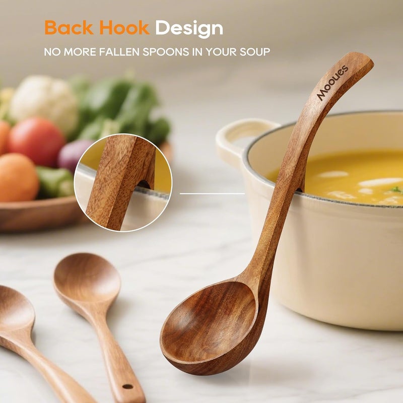 Mooues Wooden Ladle for Soup, 3 Size Teak Wood Ladle Spoon with Back Hooks, Heat Resistant Wooden Spoons for Cooking, Non-Stick, Comfortable Grip, Wood Kitchen Utensils Set for Serving, Stirring - Image 3