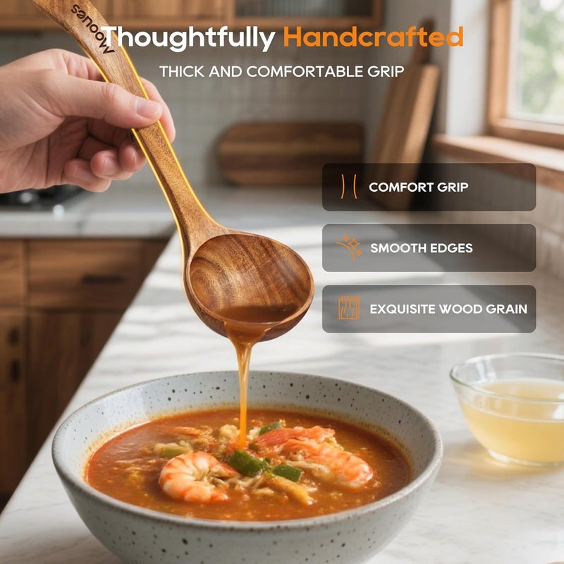 Mooues Wooden Ladle for Soup, 3 Size Teak Wood Ladle Spoon with Back Hooks, Heat Resistant Wooden Spoons for Cooking, Non-Stick, Comfortable Grip, Wood Kitchen Utensils Set for Serving, Stirring - Image 2