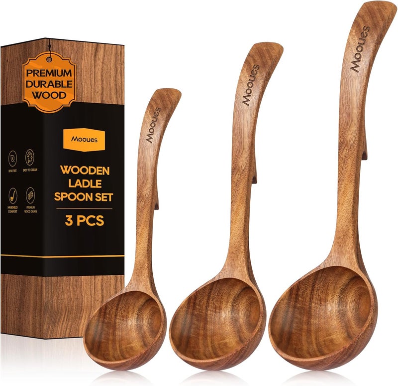 Mooues Wooden Ladle for Soup, 3 Size Teak Wood Ladle Spoon with Back Hooks, Heat Resistant Wooden Spoons for Cooking, Non-Stick, Comfortable Grip, Wood Kitchen Utensils Set for Serving, Stirring - Image 1
