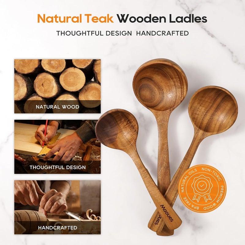 Mooues Wooden Ladle for Soup, 3 Size Teak Wood Ladle Spoon with Back Hooks, Heat Resistant Wooden Spoons for Cooking, Non-Stick, Comfortable Grip, Wood Kitchen Utensils Set for Serving, Stirring - Image 4