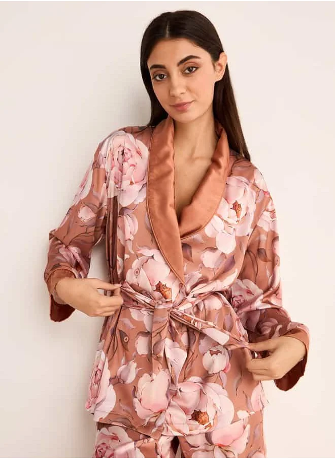 فاف Floral Print Belted Robe Top and Elasticated Pyjama Set