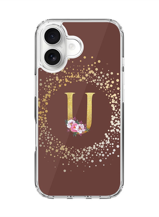 Stylizedd Classic Clear MagSafe Case for iPhone 17 , Hybrid Soft Case Flexible Edges Anti Drop TPU PC Gel Thin Transparent Cover [ Designed for iPhone 17 ] - Custom Monogram Initial Letter Floral Pattern Alphabet - U  (Brown )