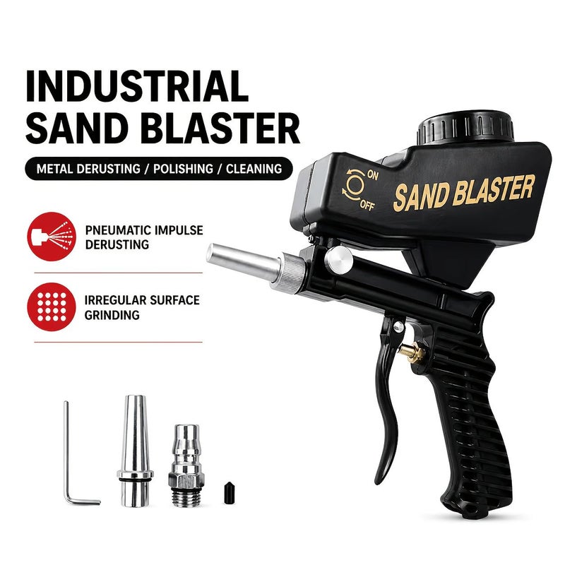 مسدس رمل هوائي قابل للتعديل 600cc وحدة يدوية مريحة 90psi متوافق مع مواد كاشطة متعددة قاذف رمل بالصودا وقشور الجوز لإزالة الصدأ من السيارات ومعالجة الأسطح المعدنية والخشبية قاذف هواء محمول بنظام تغذية بالجاذبية أسود - Image 1