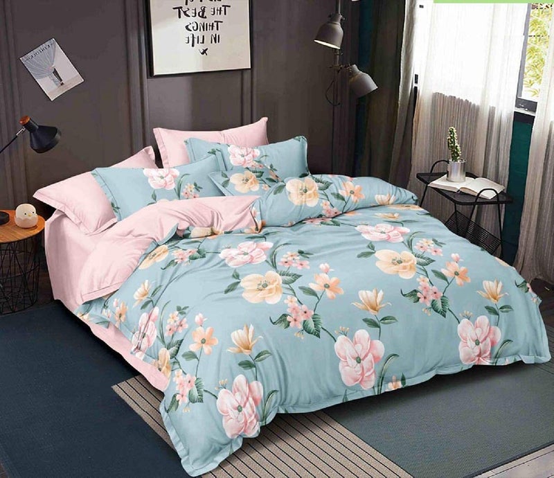 MORADO Premium Glace Cotton Floral Design Duvet Cover - Double, Light Blue with Zipper - Image 1