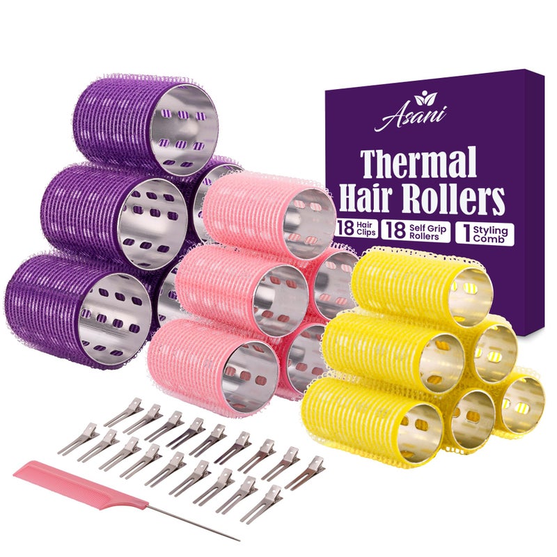 Asani Thermal Rollers for Hair - 37 Self Grip Hair Rollers with 18 Clips and Styling Comb - Aluminum Thermal Hair Rollers for Volume and All-Day Curls - For Short, Medium, and Long Hair (Small) - Image 1