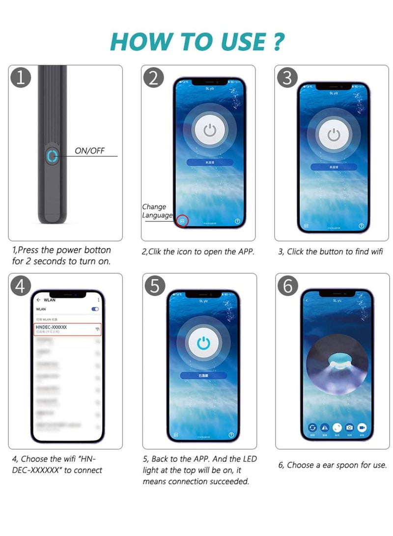 Bukela Ear Wax Removal, Wi-Fi Visible Wax Elimination Spoon with 4 Soft Silicone Ear Scoops and 8 black ear spoons, Wireless Ear Endoscope 1296P HD with LED Light for iPhone, iPad, Android Phones (White) - Image 5