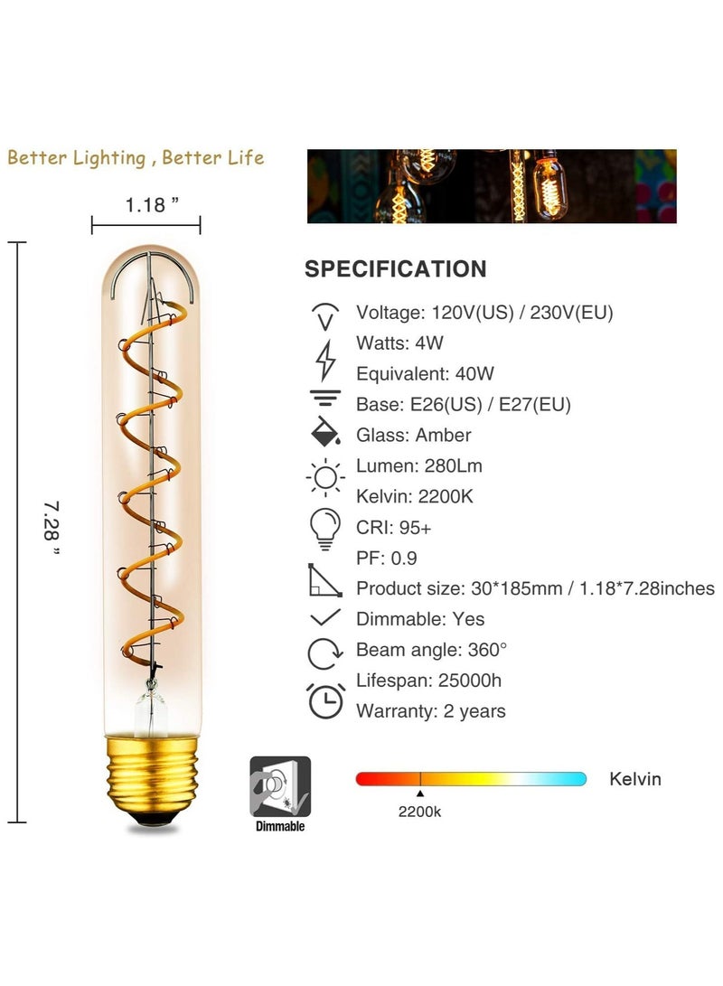 Dimmable T30 LED Bulbs, E26 Base, 40W Vintage Style Warm White 2200K Amber Light, 7.3inch Long Tubular Filament Bulbs, Soft Flexible Design, Pack of 2 - Image 1