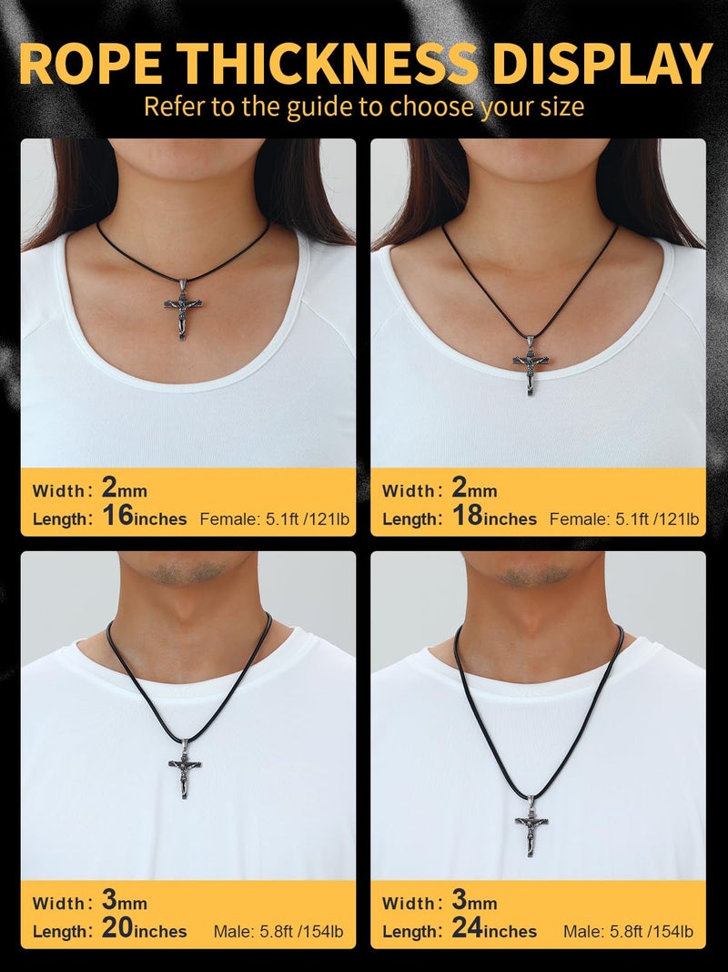 U7 Black Leather Cord Necklace with Stainless Steel Clasp, Men Women 2mm Wide Woven Wax Rope Chain for Pendant, Length 16 Inch - Image 5