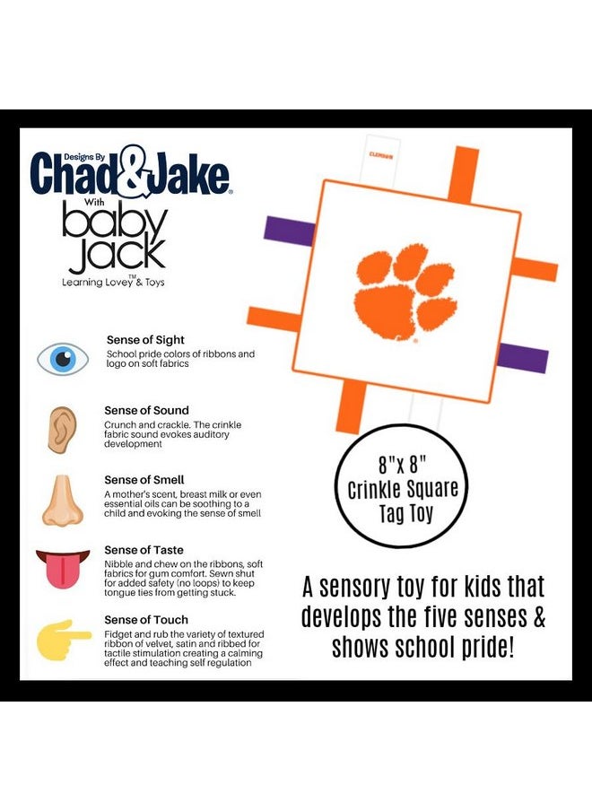 The Learning Lovey The Learning Lovey Clemson University Baby Tag Toy - College Baby Sensory Crinkle Toys - Soft & Safe - Ideal Baby Stroller Toy - BPA Free w/Stroller Clip (8" x 8" Tag Toy)  - Image 2
