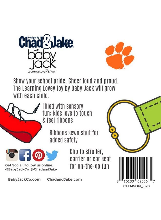 The Learning Lovey The Learning Lovey Clemson University Baby Tag Toy - College Baby Sensory Crinkle Toys - Soft & Safe - Ideal Baby Stroller Toy - BPA Free w/Stroller Clip (8" x 8" Tag Toy)  - Image 3