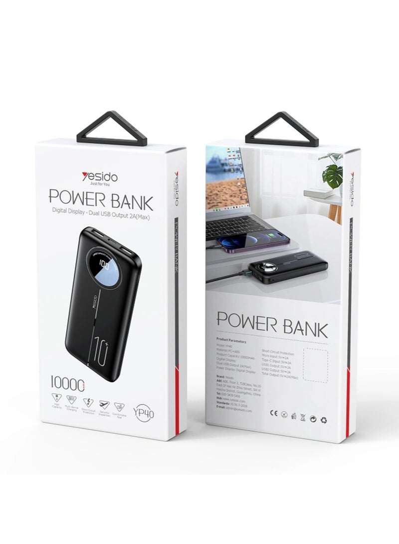 Yesido 10000mAh YP40 Power Bank Digital Display Dual USB Output 2A Max Black - Image 1