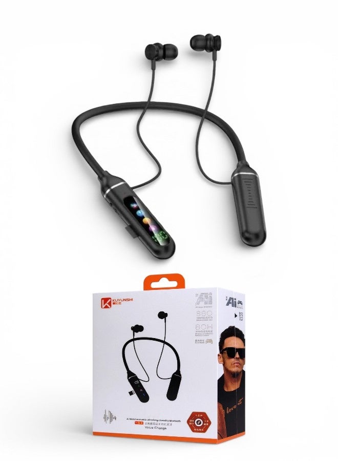 Wireless earbuds with a sporty design, neckband, built-in memory card slot, and Bluetooth 5.0; compatible with iPhone 17, 16, 15, 14, 13, 12, 11, Galaxy, Huawei, and more.