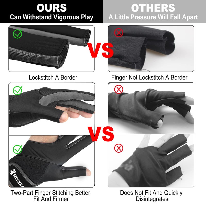 YFY Billiard Pool Gloves for Left Hand 3 Finger, Splicing Process, Snooker Cue Sport Glove Popular Sizes for Men & Women - Image 3