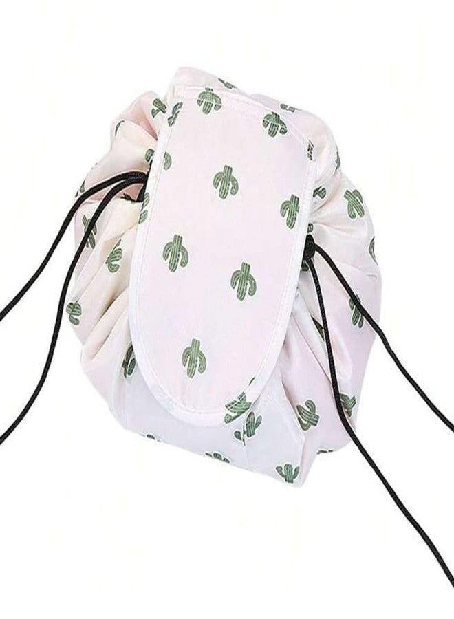 Nirvik Women’s Portable Waterproof Cosmetic Bag | Lazy Travel Makeup Organizer with Drawstring, Compact & Versatile Toiletry Bag with Multi-Pocket Storage (White Cactus Bag) - Image 5