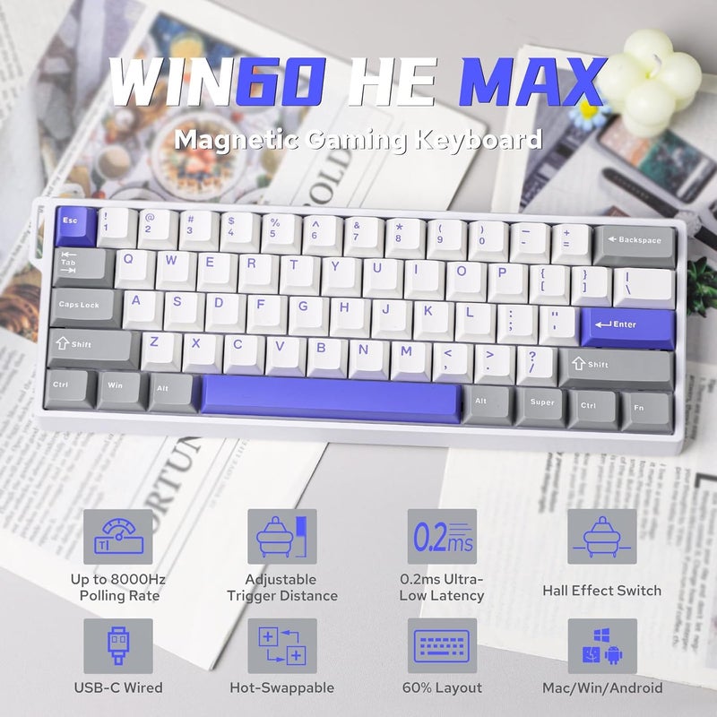 EPOMAKER AULA WIN60 HE 60% Wired Magnetic Keyboard with Adjustable Actuation, 8000 Hz Polling Rate, Hall Effect Switches, Hot-Swap, For FPS Games (Grey&White&Blue) - Image 2
