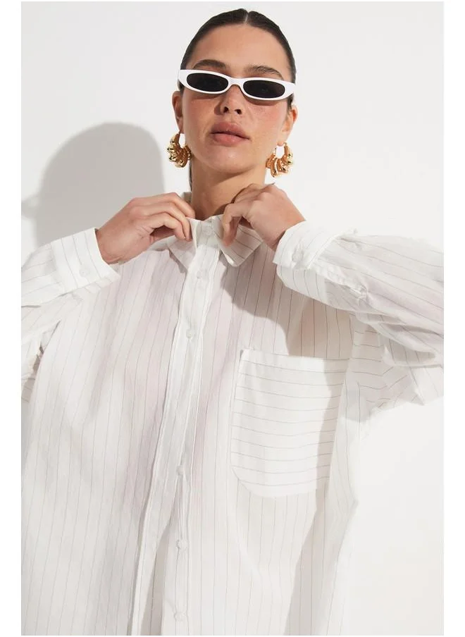 JUNE June Striped Detailed Loose Fit Shirt Grey