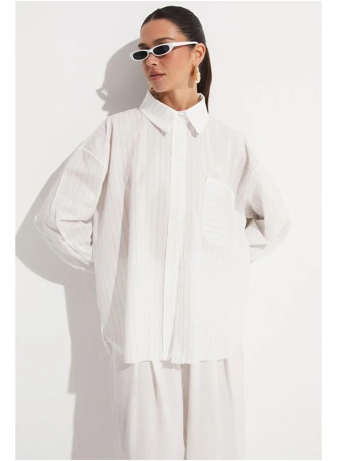 JUNE June Striped Detailed Loose Fit Shirt Grey