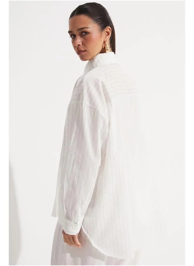 JUNE June Striped Detailed Loose Fit Shirt Grey