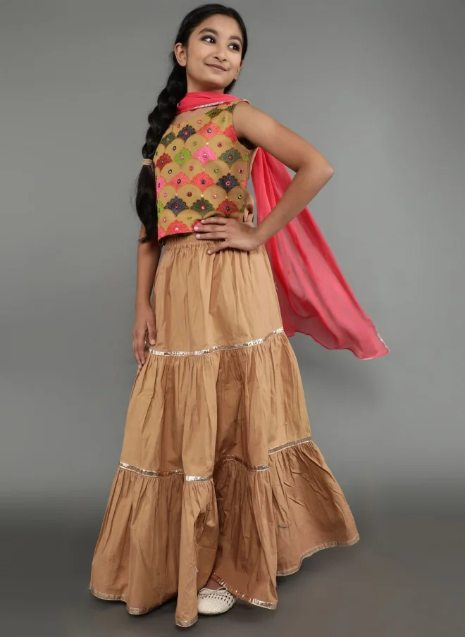 أيه كيه إس Beige and Pink Embroidered Lehenga Choli for Girls