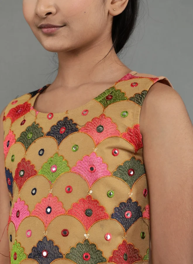 أيه كيه إس Beige and Pink Embroidered Lehenga Choli for Girls